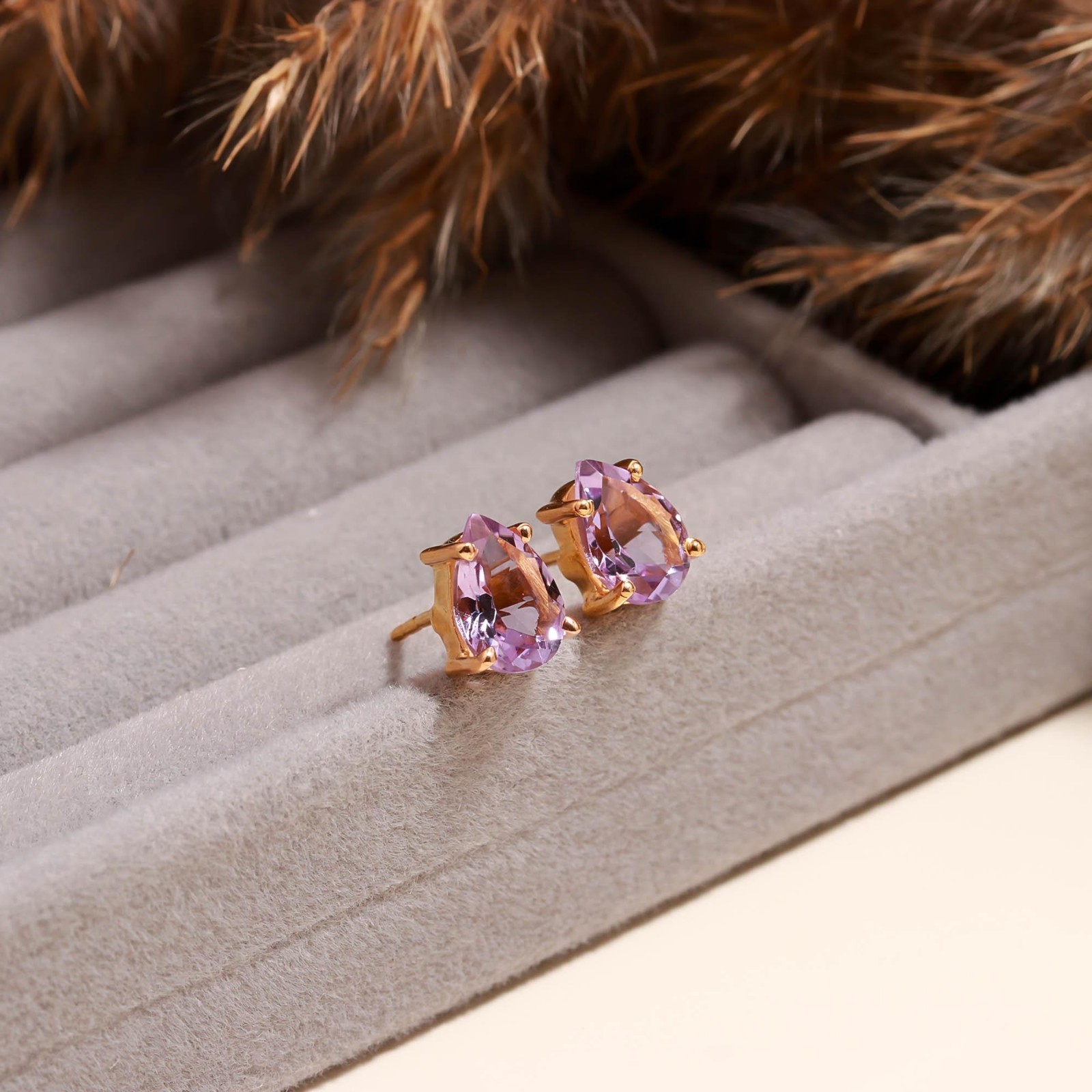 Natural Pink Amethyst Pear Stud Earrings Rose Gold Plated Solid Silver Jewelry