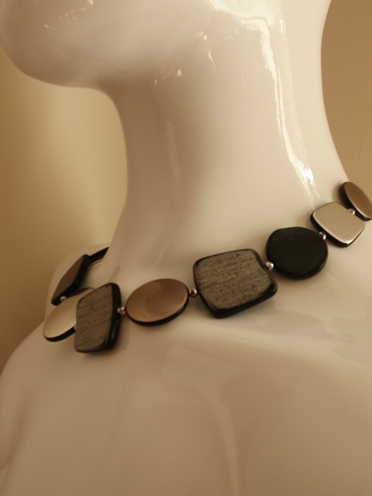 Sliver Black Mismatched Flat Bead Statement Adjustable Necklace FPP-0002