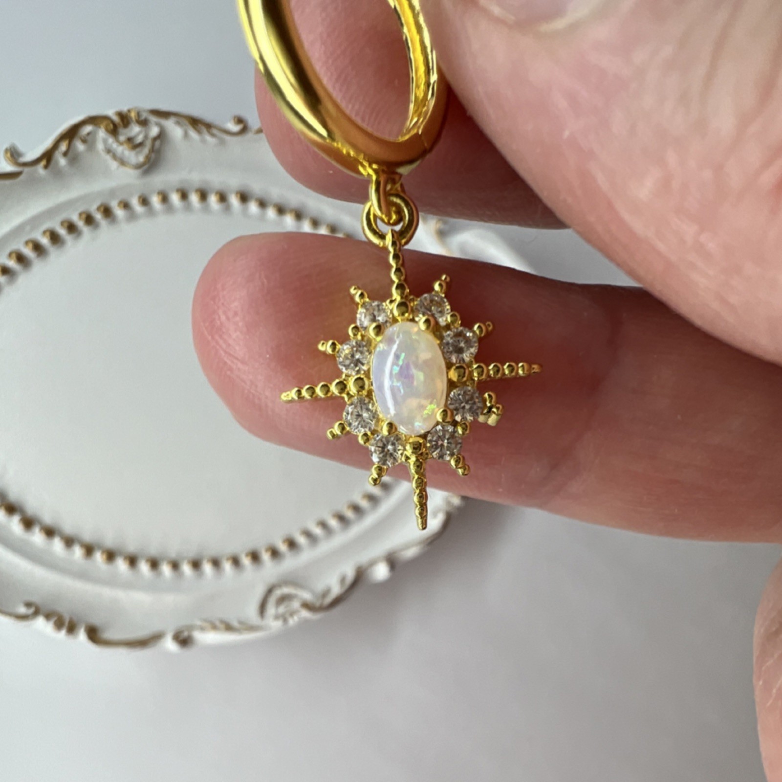 Gold Plated Star Opal Dangle Hoop Earrings, White Crystal, Prong Setting