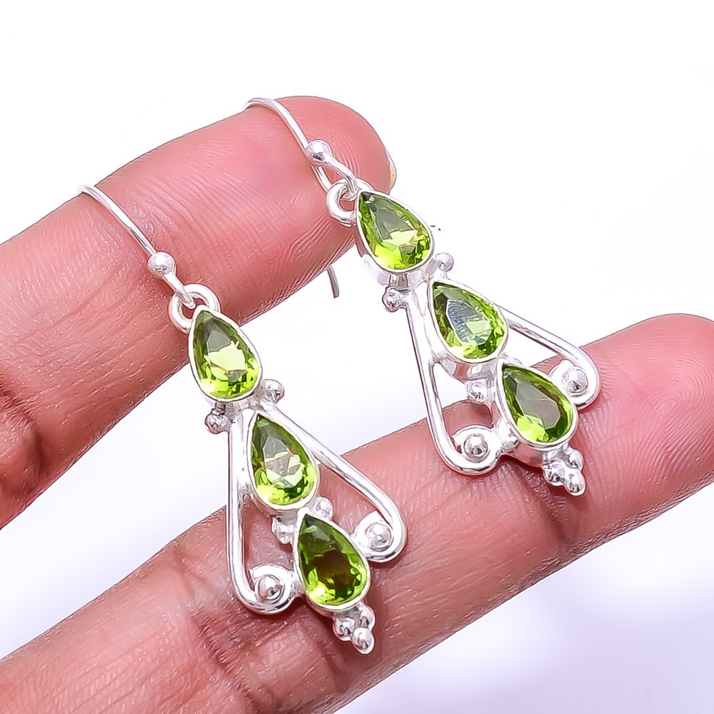 Peridot Multi Collet 925 Sterling Silver Earring 1.95″ E1, Christmas Gift