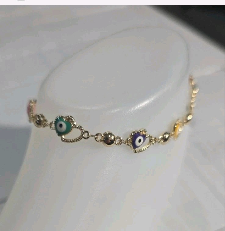14k Gold Plated Enamel Evil Eye Heart Charm Ankle Chain, Size 8″-10″