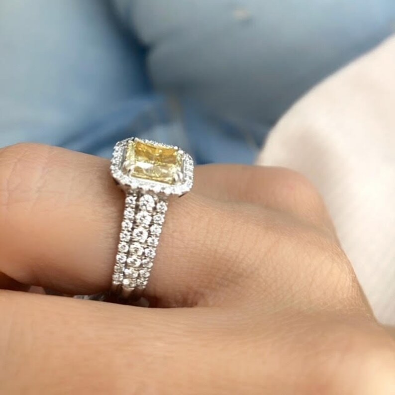 Fancy Yellow 3 Rows Shank Diamond Ring Radiant Cut CZ Diamond Engagement Ring