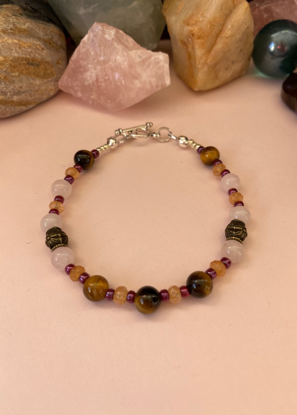 Women’s Tiger’s Eye & Rose Quartz Bracelet w/Jade. 6 in. Toggle Closure.