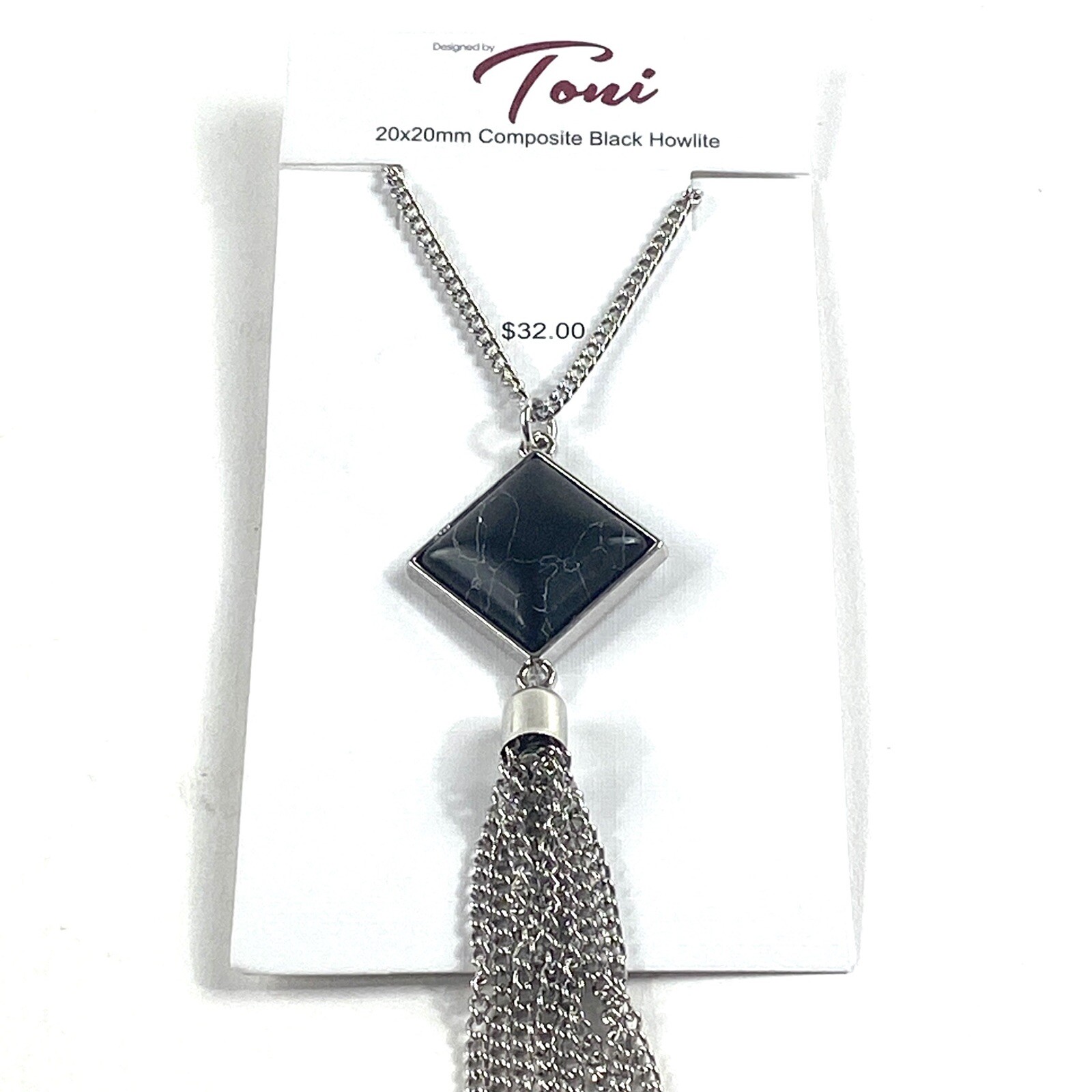 Toni 20×20 mm Composite Black Howlite Silvertone Pendant Long Chain Necklace