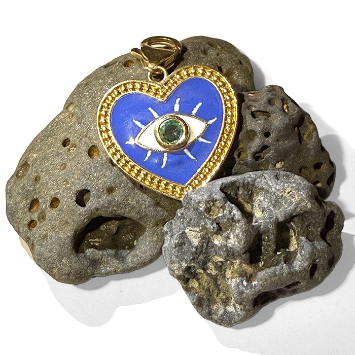 Holly Dyment 18K Gold Evil Eye Heart Charm Pendant Blue Enamel Emerald 750