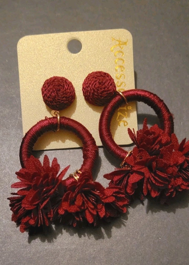 Burgundy Red Fabric Flower Hoop Drop/Dangle Earrings, Stud Back Accesorize NEW