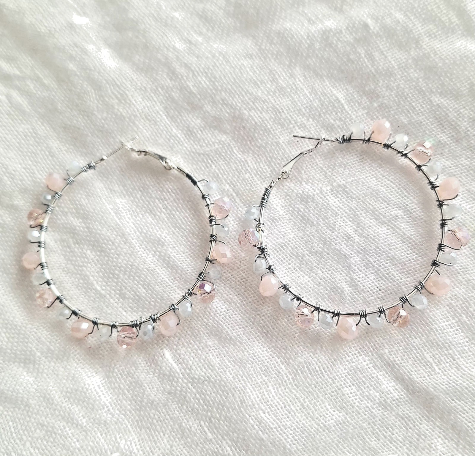 Large Handmade Silver-tone hoop earrings Pink and gray iridescent beads Boho