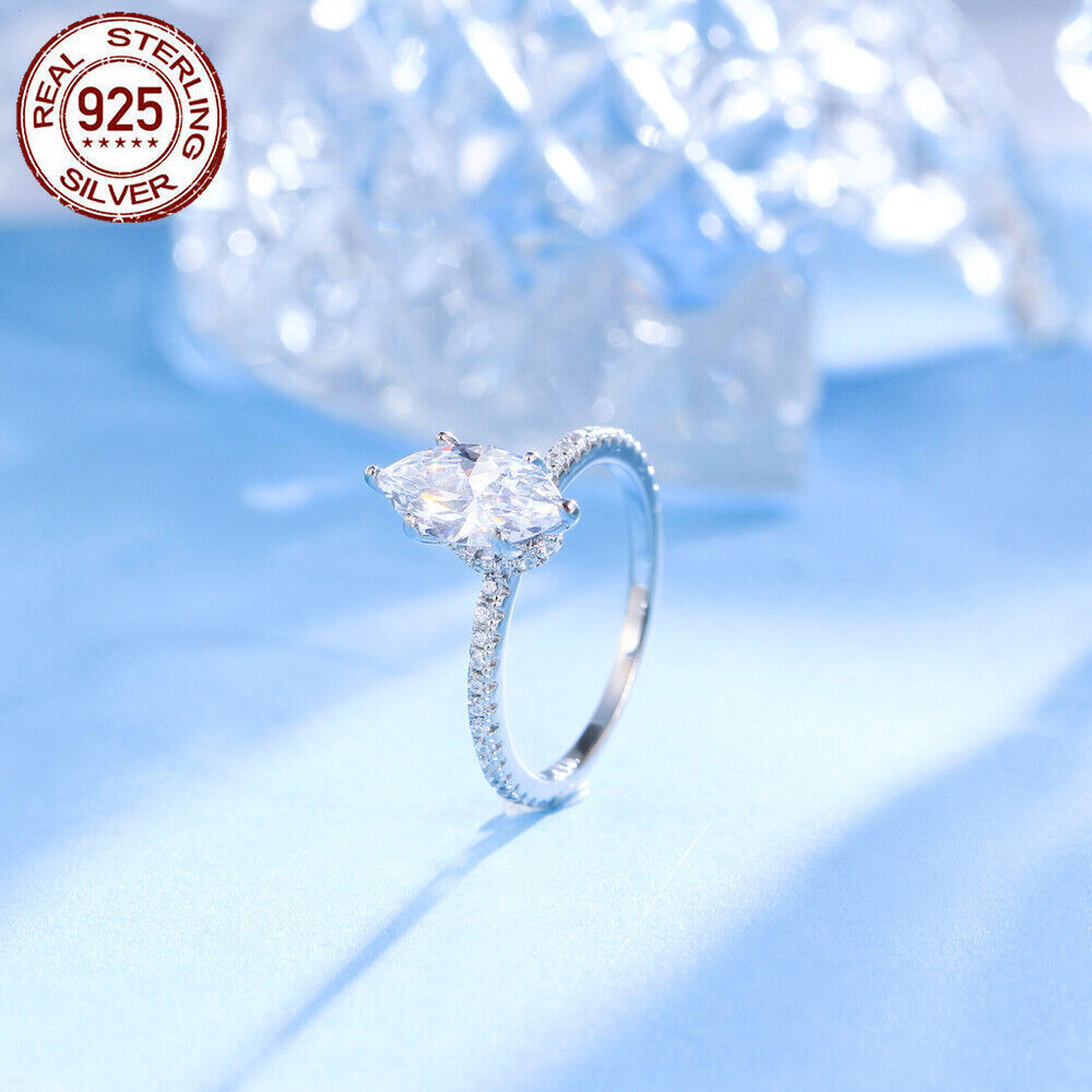 925 Sterling Silver Ring Gold Plated CZ White Marquise Cut Wedding Engagement