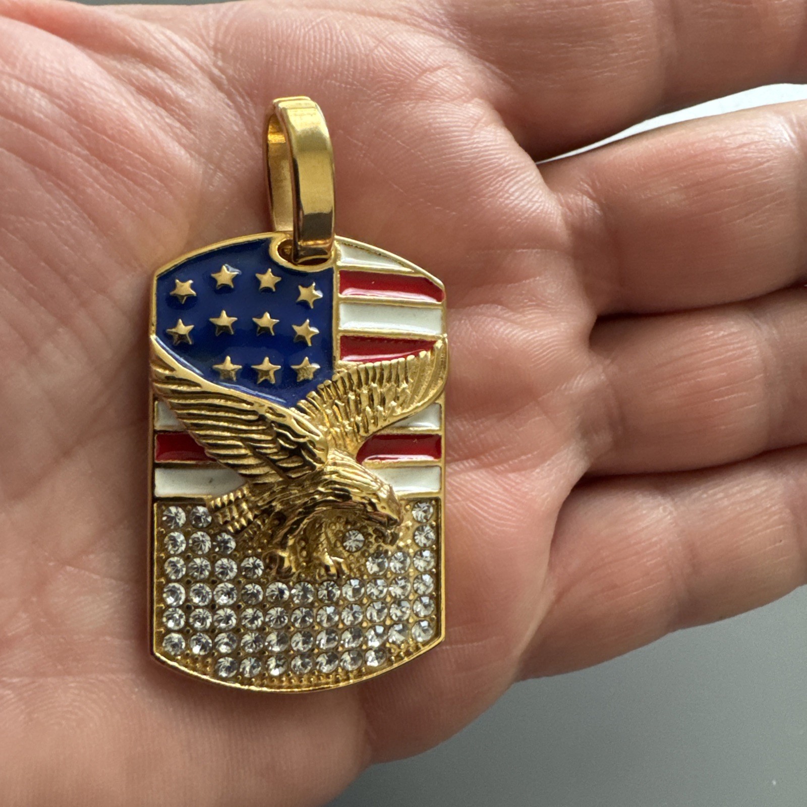 U.S.A America Flag Pendant Cubic Zirconia Stainless Steel 24” Chain Eagle Gold