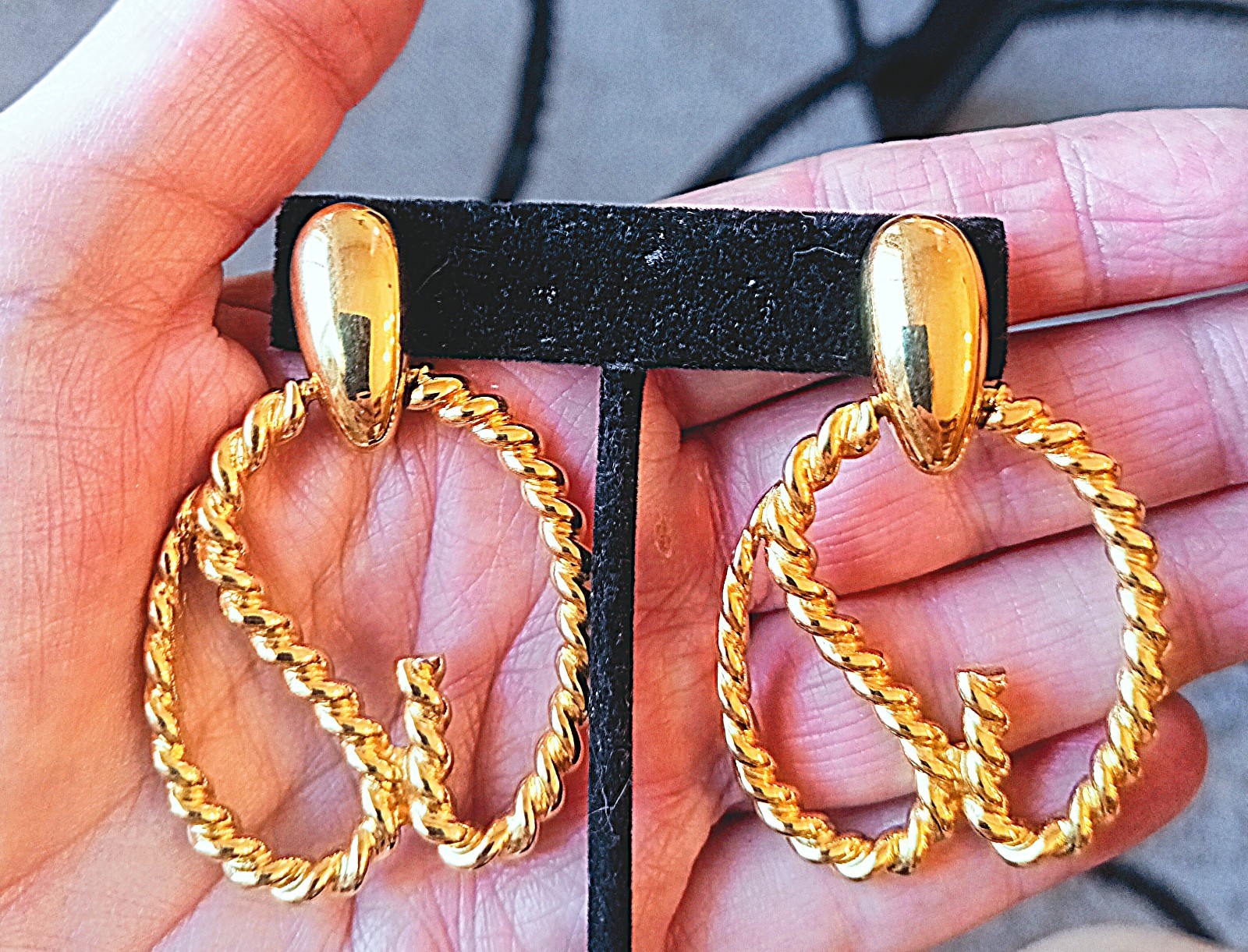 Vintage St John Logo Gold Tone Twist Cable Pierced Drop Statement Earrings