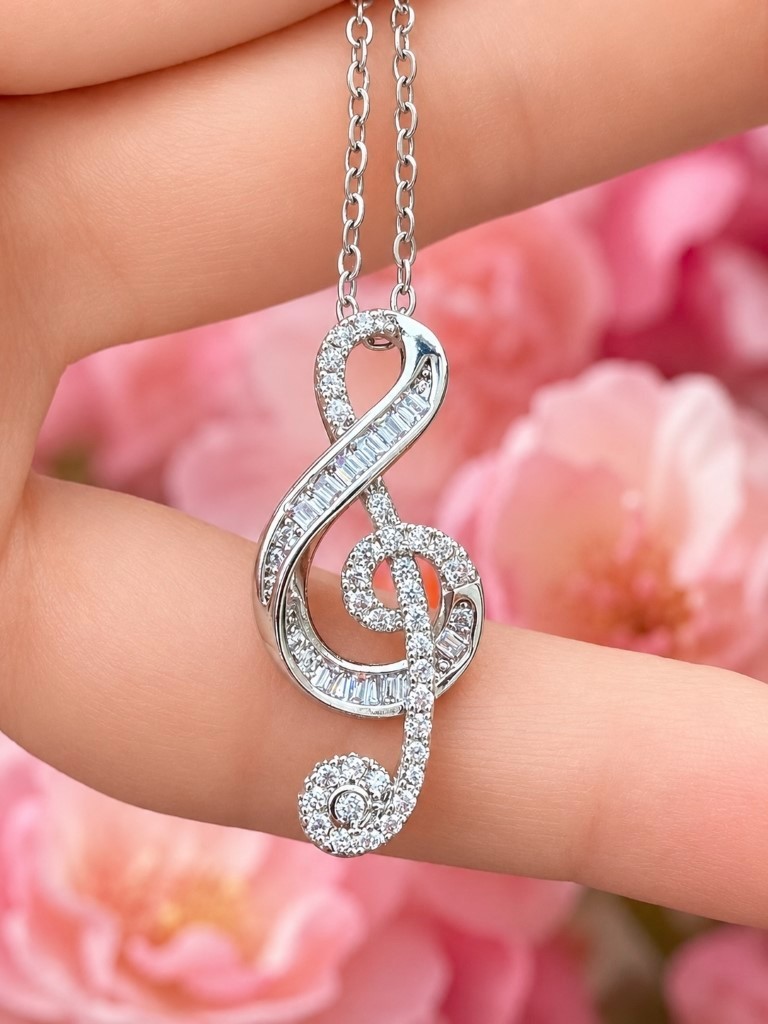 Silver Music Note Shape lab Diamond Zircon Necklace