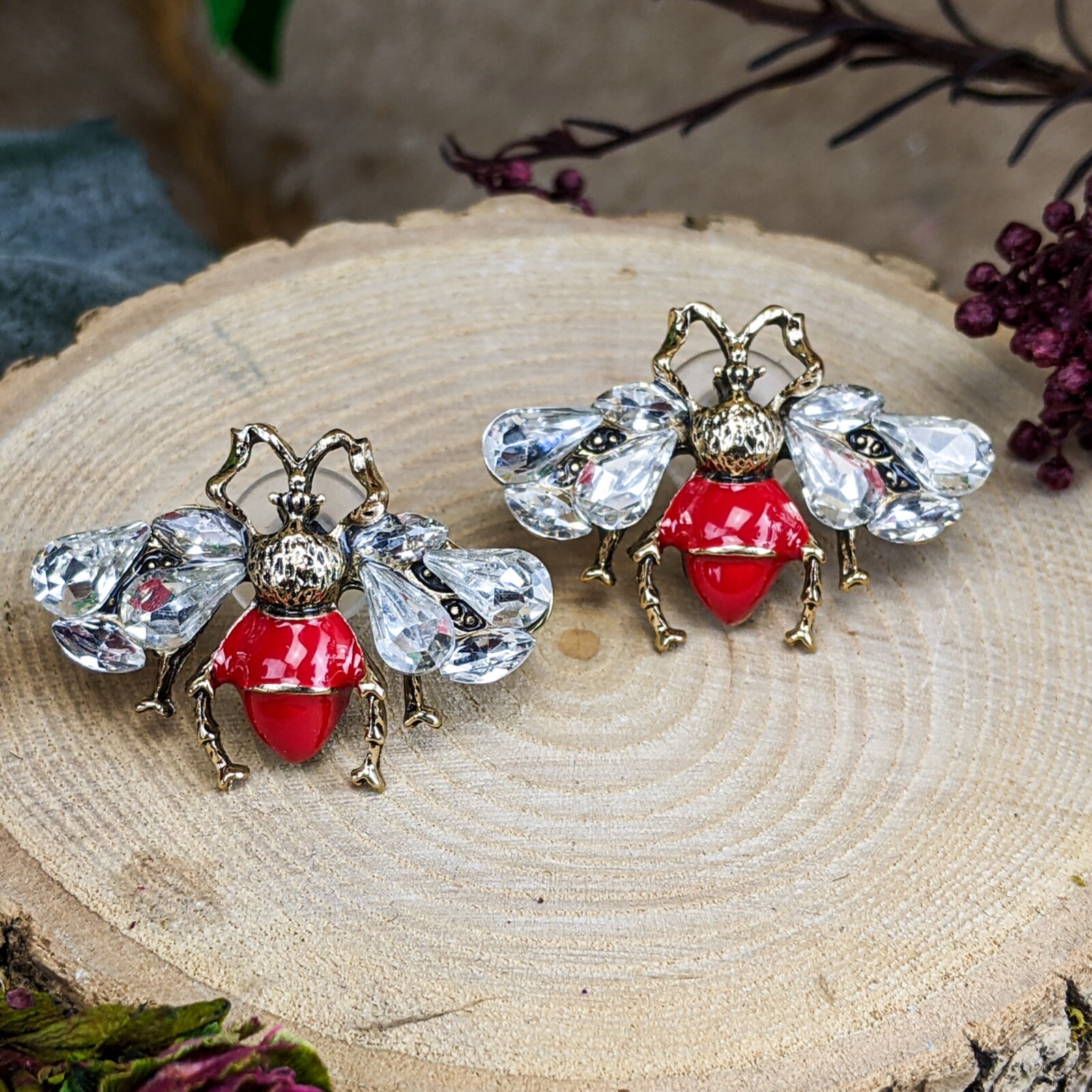 Large Bee & Rhinestone Nickle free Earrings Jewelry Oddities Curiosities