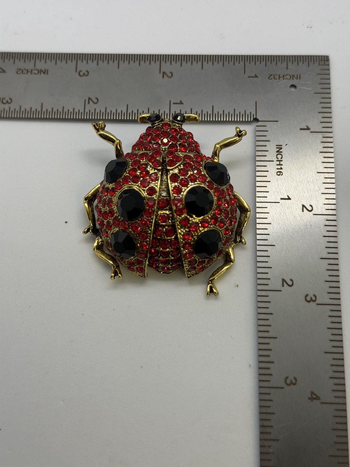 Gold Tone Ladybug Brooch Pin Red Black Round Rhinestones 2 in