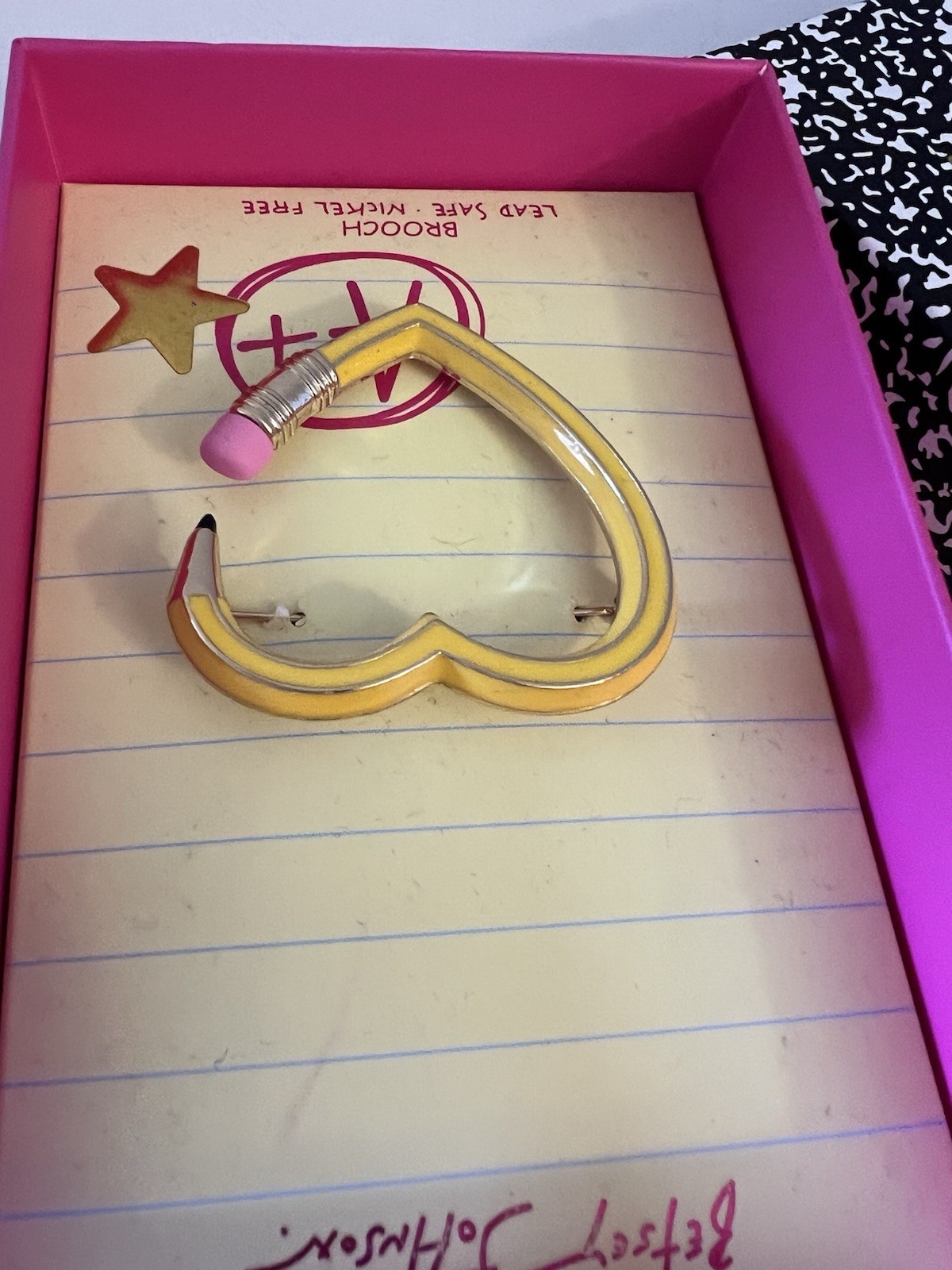 Betsey Johnson Brooch Heart Pencil Yellow With Star Accent NWT With Box