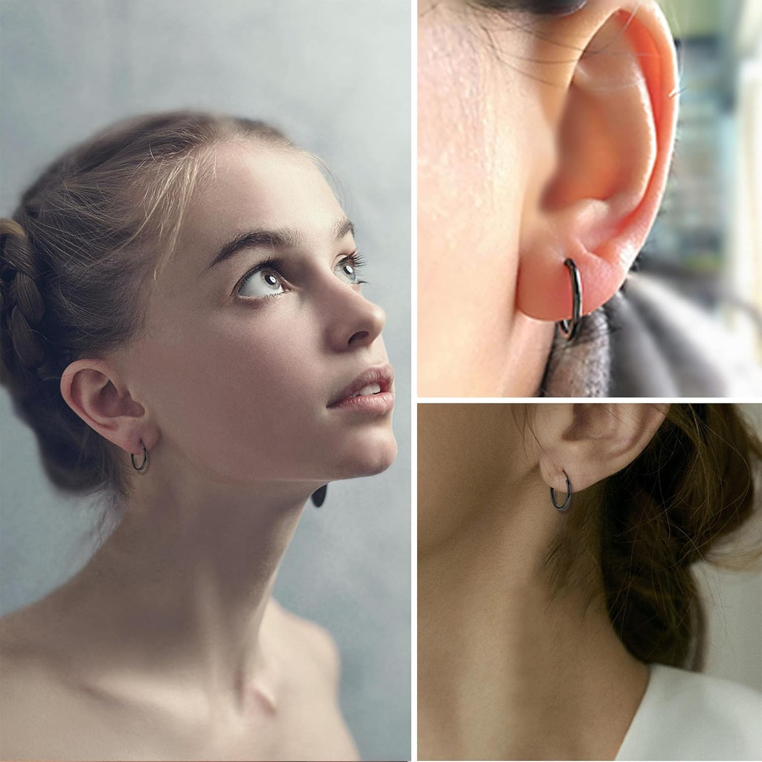 3 Pairs Stainless Steel Hoop Earrings Set for Women Mens Black Silver Gold Small