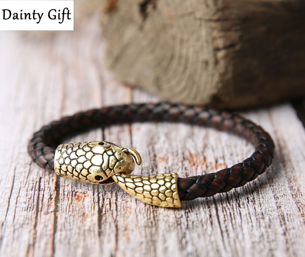 MEN/ Women Animal Gold Snake Dark Brown Leather Bracelet / Wrist Bangle 6.5-9″