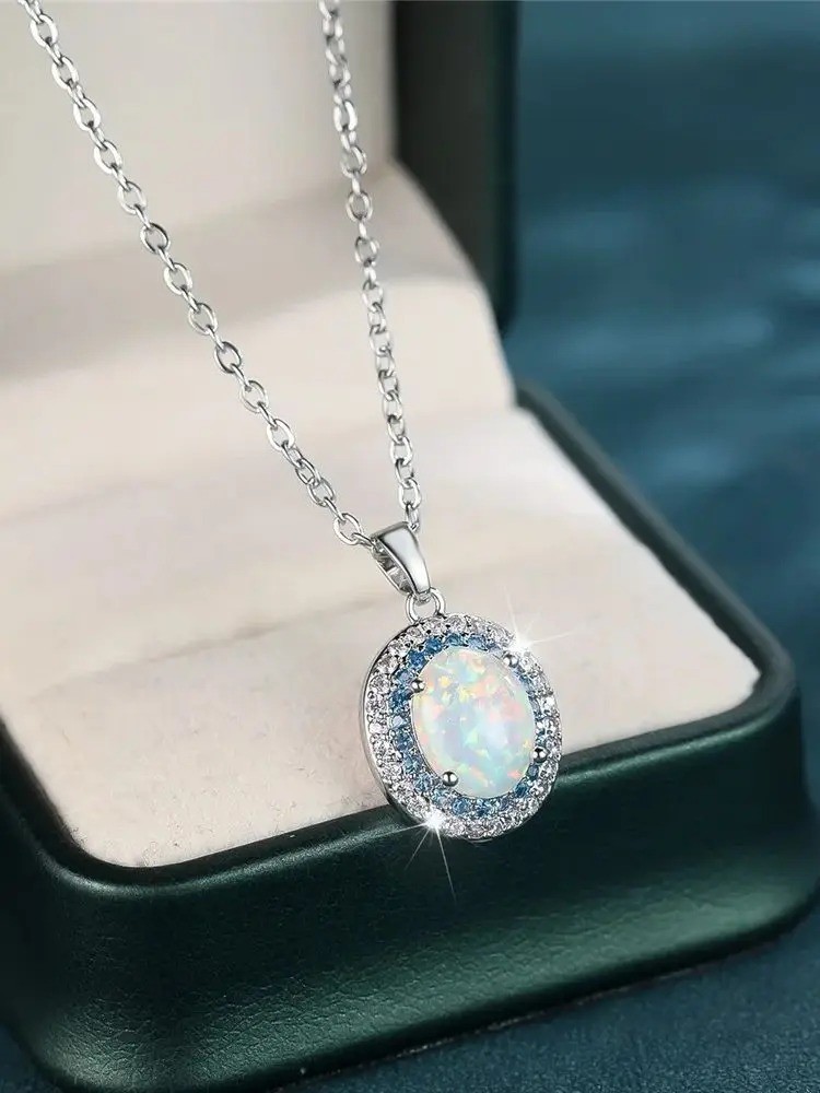 White Opal Oval Pendant Necklace Vintage Silver Crystal Wedding Bridal Jewelry