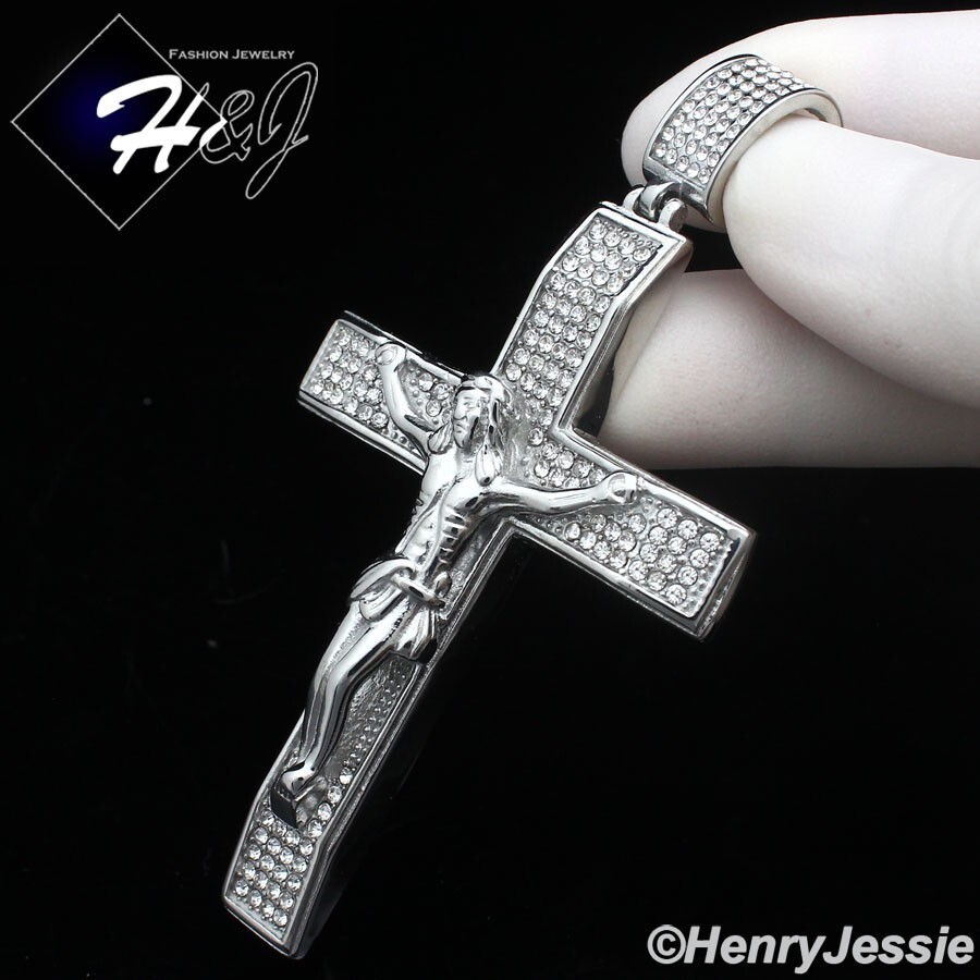 30″MEN Stainless Steel 5mm Silver Box Link Chain BIG ICY CZ Cross Pendant*IP142