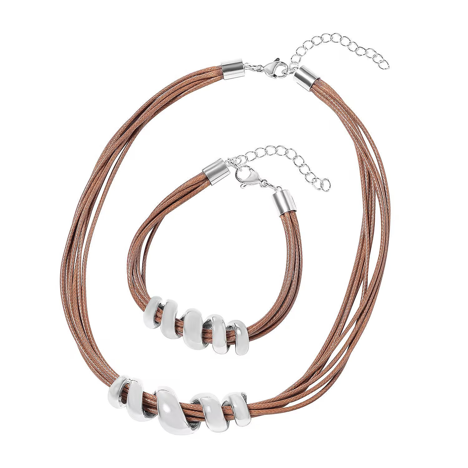 Beige Faux Leather Cord Stainless Steel Twist Bracelet 7″ and Necklace Set 16″