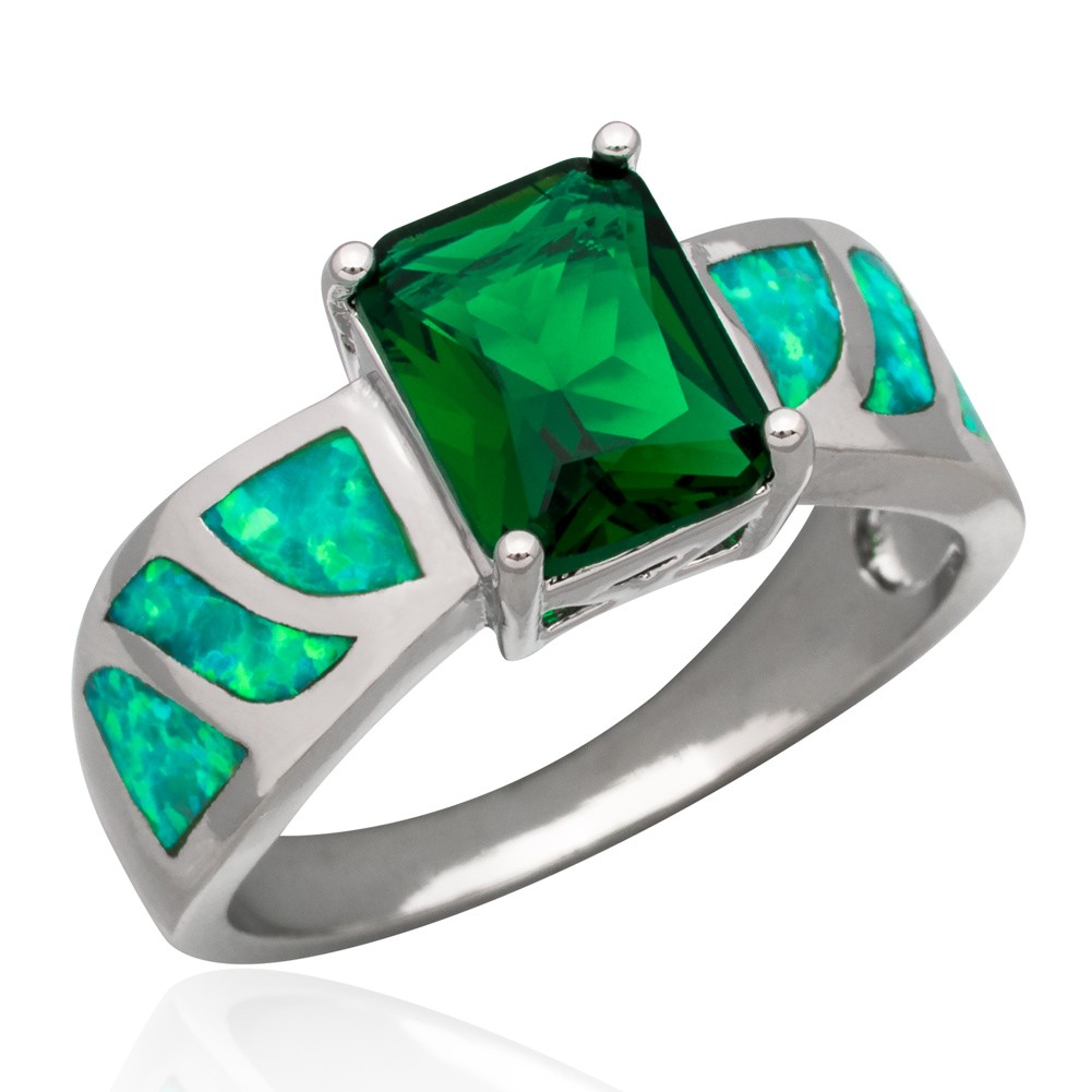 7×9 Simulated Emerald Kiwi Green Fire Opal Silver Filled Jewelry Ring Size 7 8