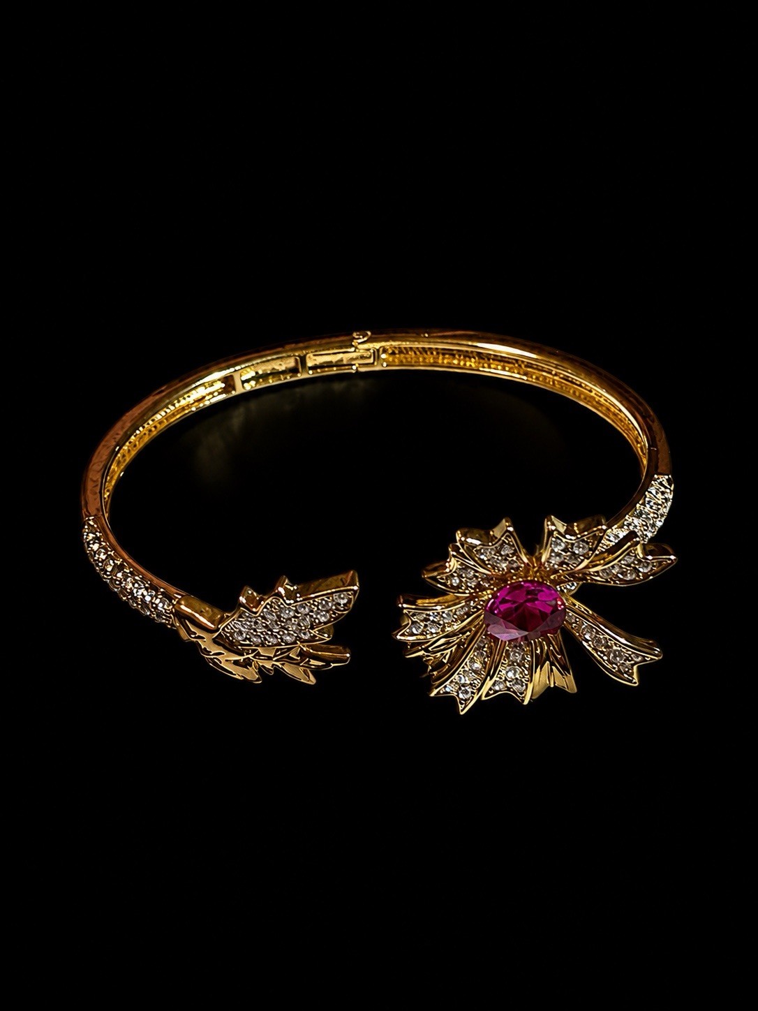 Gold Tone Flower Cuff Bracelet with Pink Round Center Stone, Flowers Theme