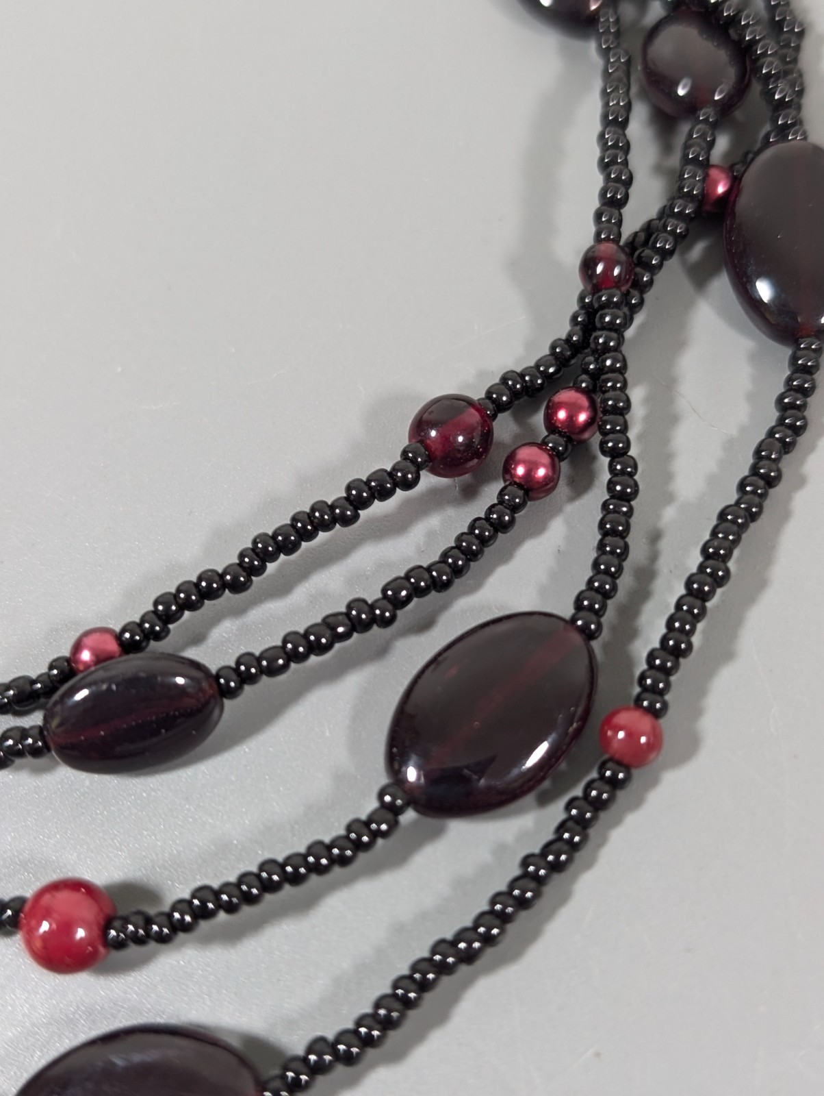 Deep Red and Black Bead Multi Strand Necklace Layered Gothic 18″