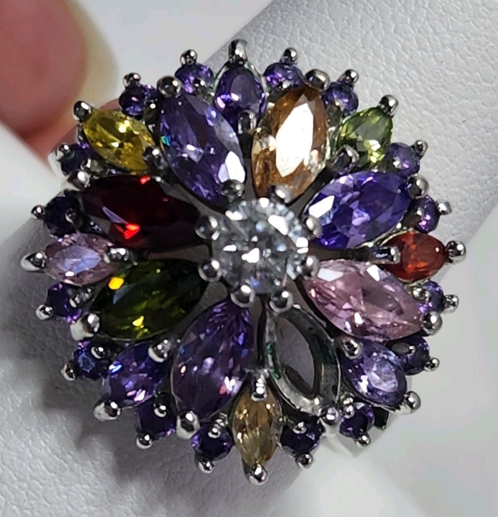 Marquis Flower 925 Plated Ring CZ Garnet Tourmaline Stones Sz 10.5 Missing Stone