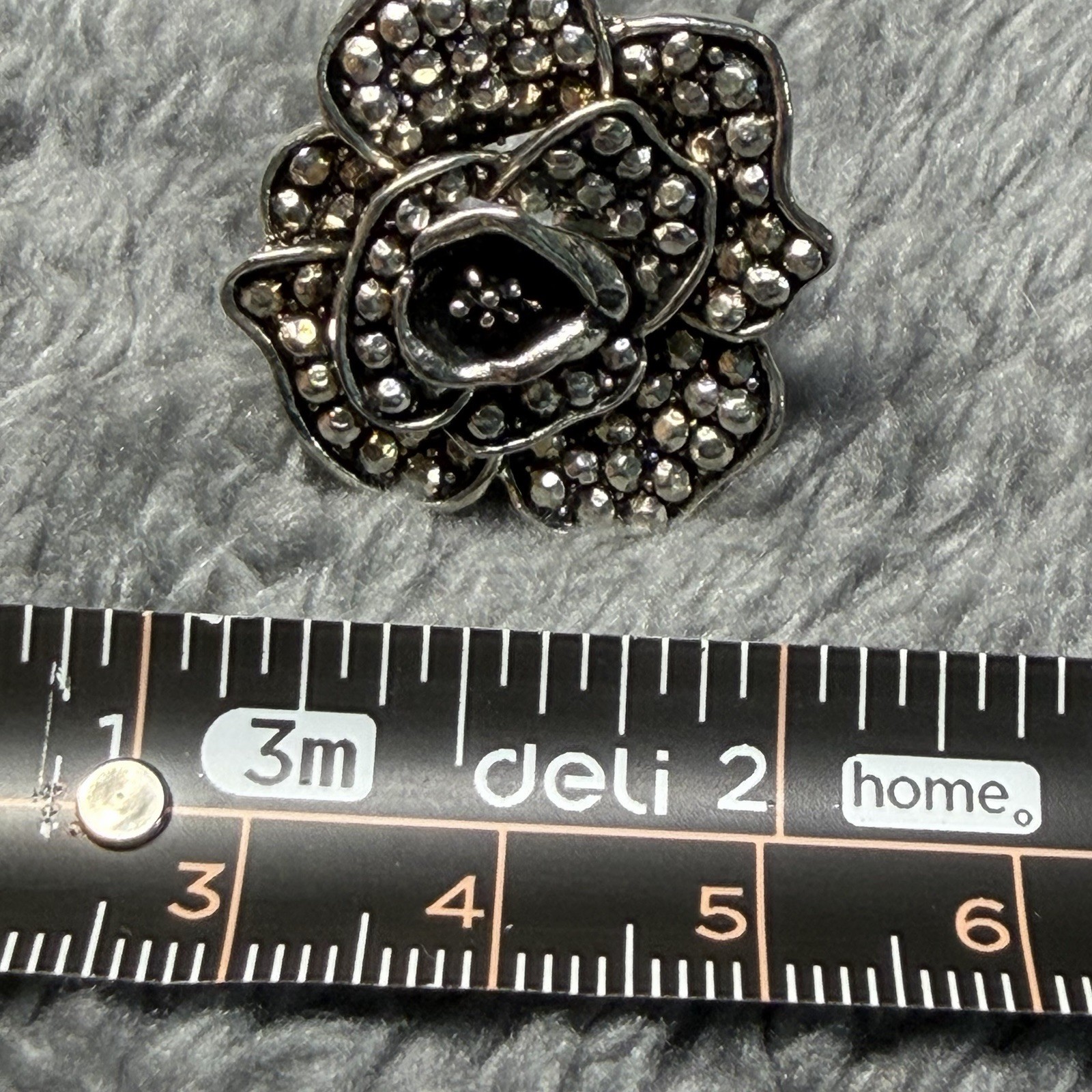 Silver Tone Clear Crystal Flower Cocktail Statement Ring, Rhinestone Accent