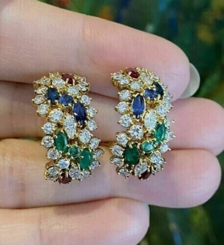 Oval Cut Simulated Ruby Emerald Sapphire Hoop Earrings In 14K Yellow Gold Plated