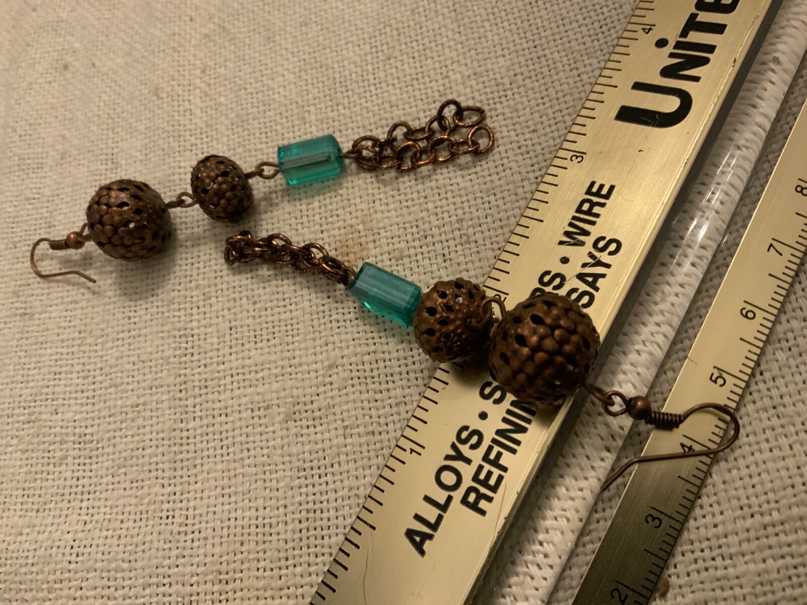 Copper filigree beaded earrings tassel green lucite Duster Opera earrings 3.5in