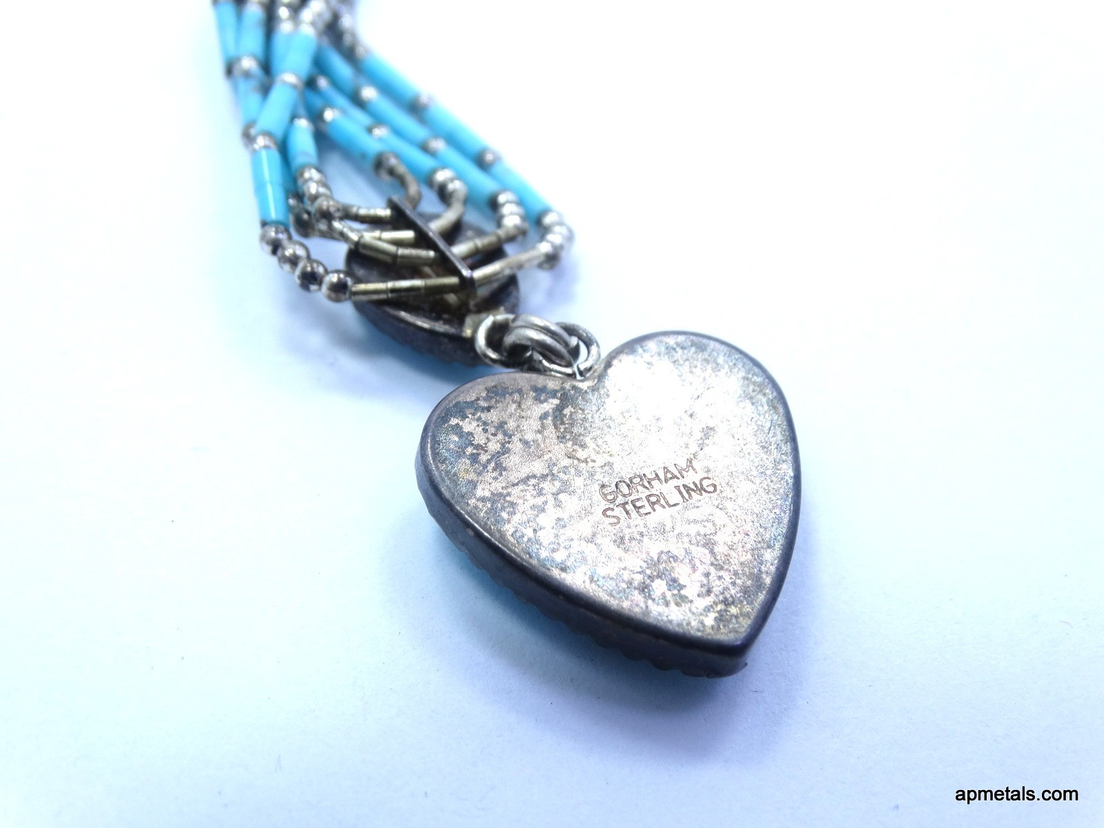 Vintage Gorham Sterling Turquoise Beaded Strand Drop Dangle Heart Necklace