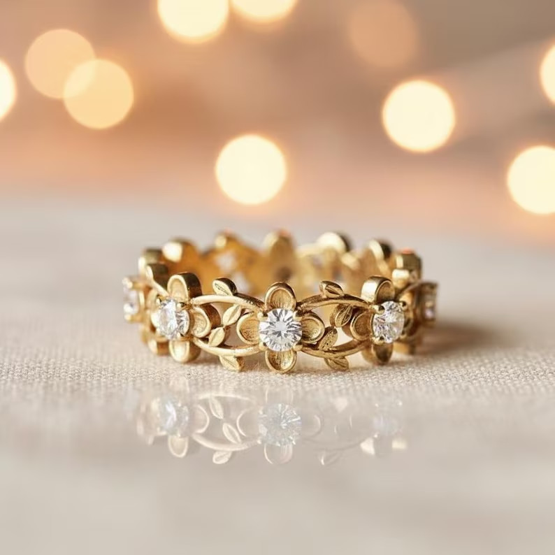 1Ct Round Cut Simulated Diamond Flower Full Eternity Ring 14k Yellow Gold Plated