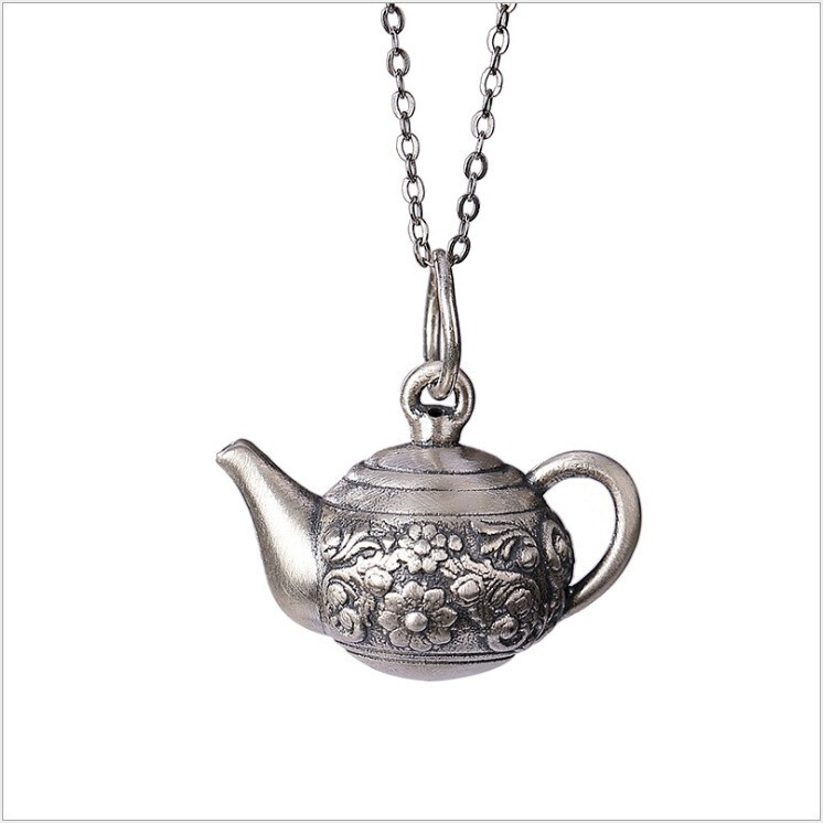 925 Silver Plated Vintage Old Teapot court-style Collarbone Necklace Jewelry