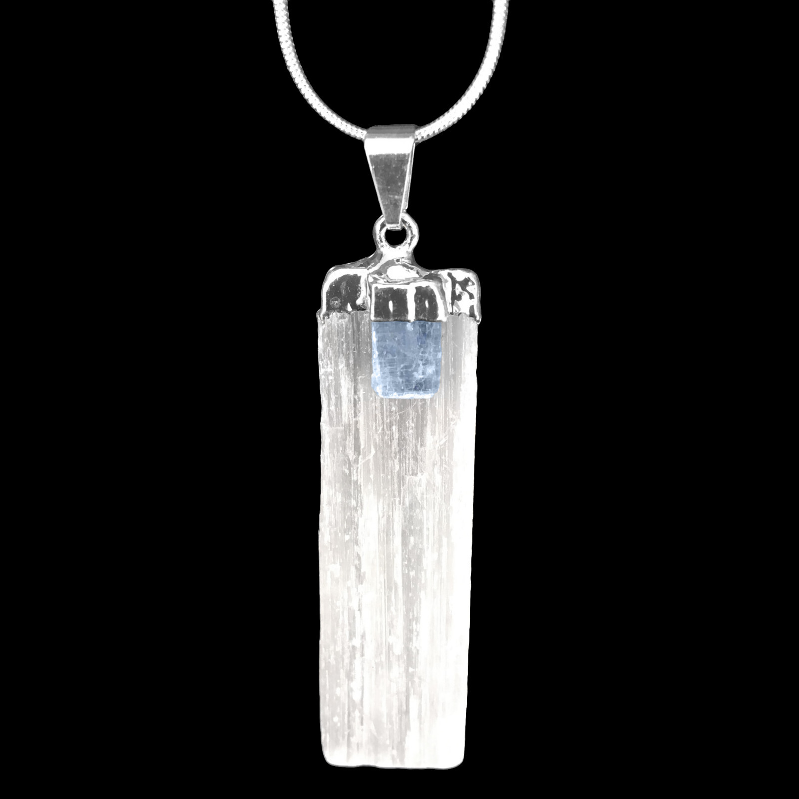 Selenite with Blue Kyanite Crystal Pendant on .925 Sterling Silver Necklace Heal