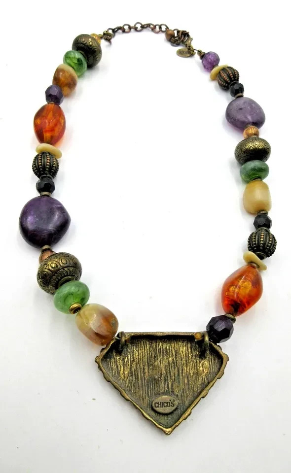 CHICOS 19″ ADJ TO CHOKER HEAVY Necklace Gold tone amber color blue green