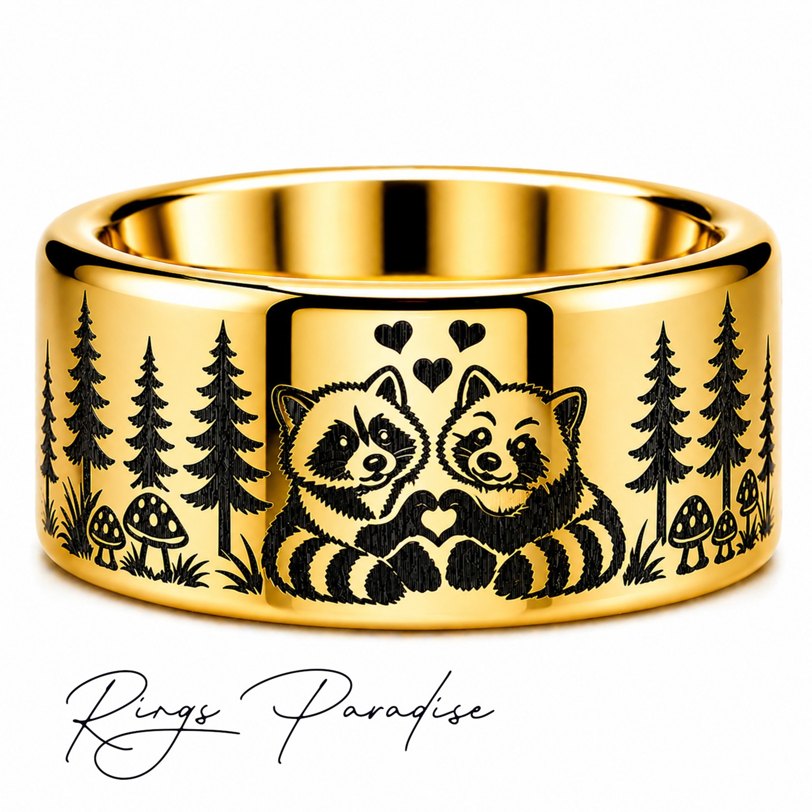 Raccoon and Red Panda Engraved Ring – Forest Animal Design – 8mm, 10mm,12mm