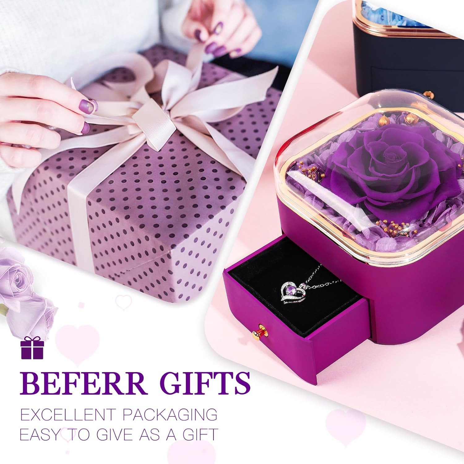 Birthday Gifts for Women Preserved Real Rose with Necklace Eternal Purple Roses
