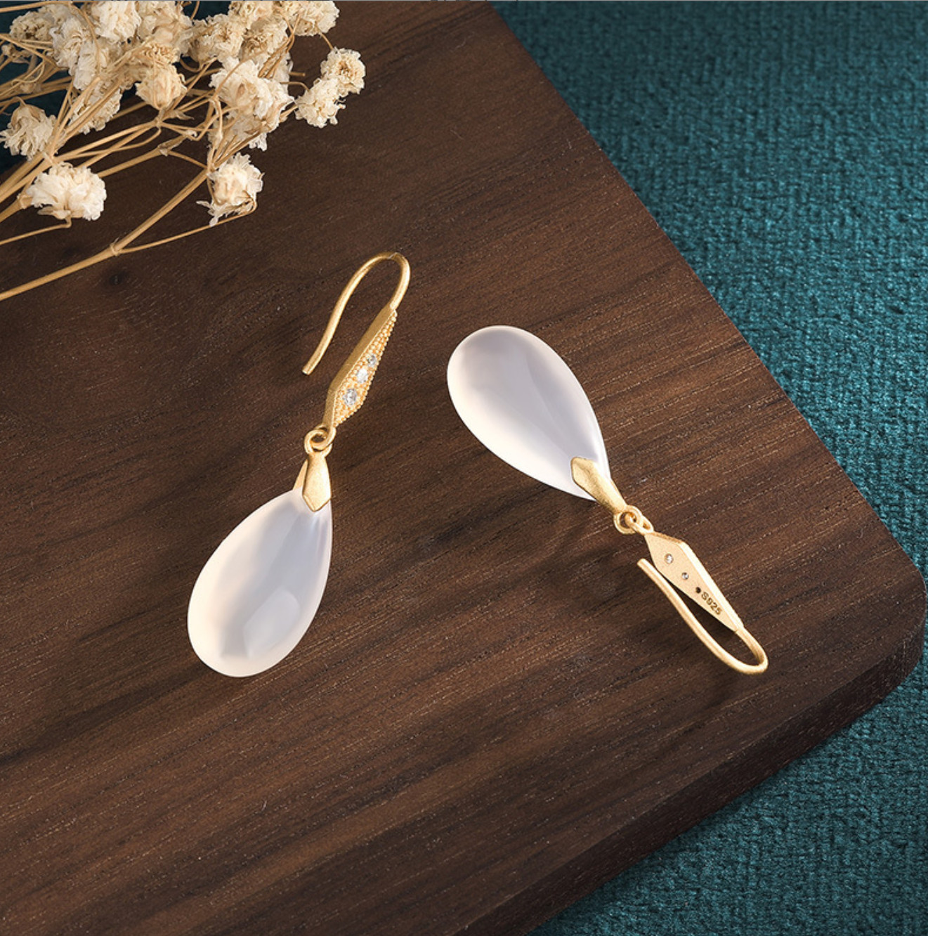Jade Drop Dangle Earrings Boho Minimalist Hook Retro Waterdrop 18K Gold Plated