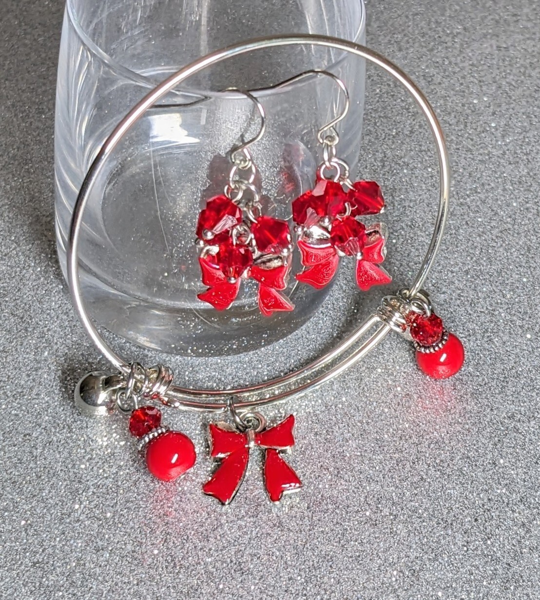Christmas Bracelet Bangle Earring set Red Bow Gift Teen Woman