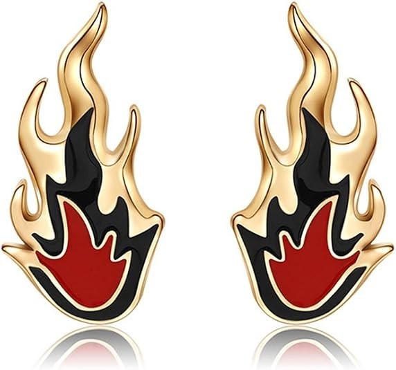 Gold Red Flame Dangle Earrings for Women Men Unique Chunky Punk Cool Fire Stud E