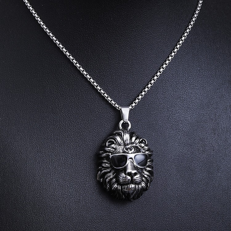 Cool Sunglasses Lion Head Necklace Stainless Steel 60cm Box Chain