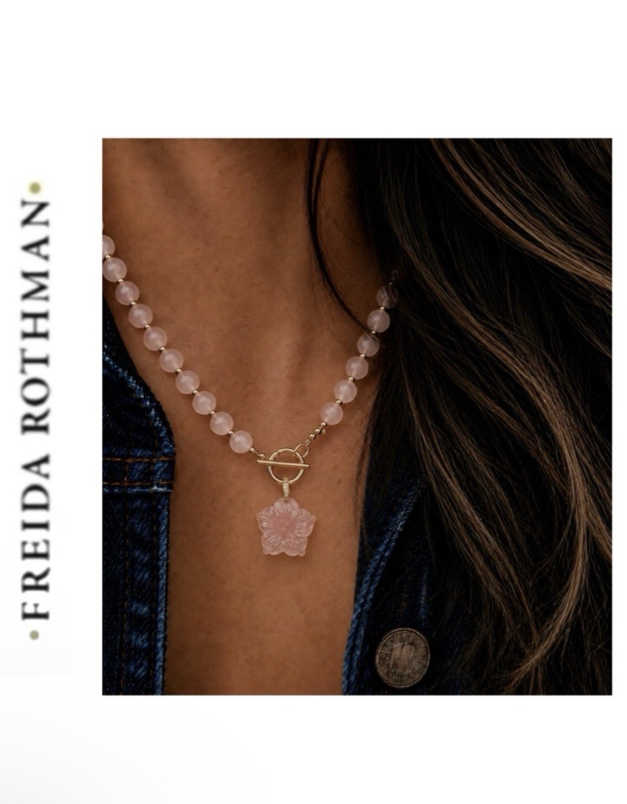 Freida Rothman Genuine Hand-Carved Rose Quartz FlowerPendant and Necklace