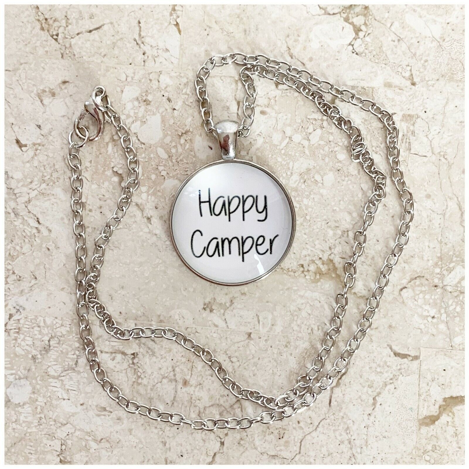 HAPPY CAMPER Necklace NEW White Round Glass Silver Chain RV Motorhome Tent