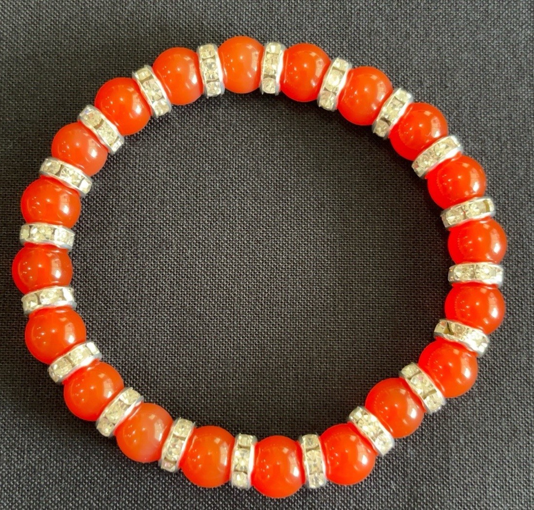 Handmade Burnt Orange Agate Stretch Bracelet Rhinestone Spacer Beads