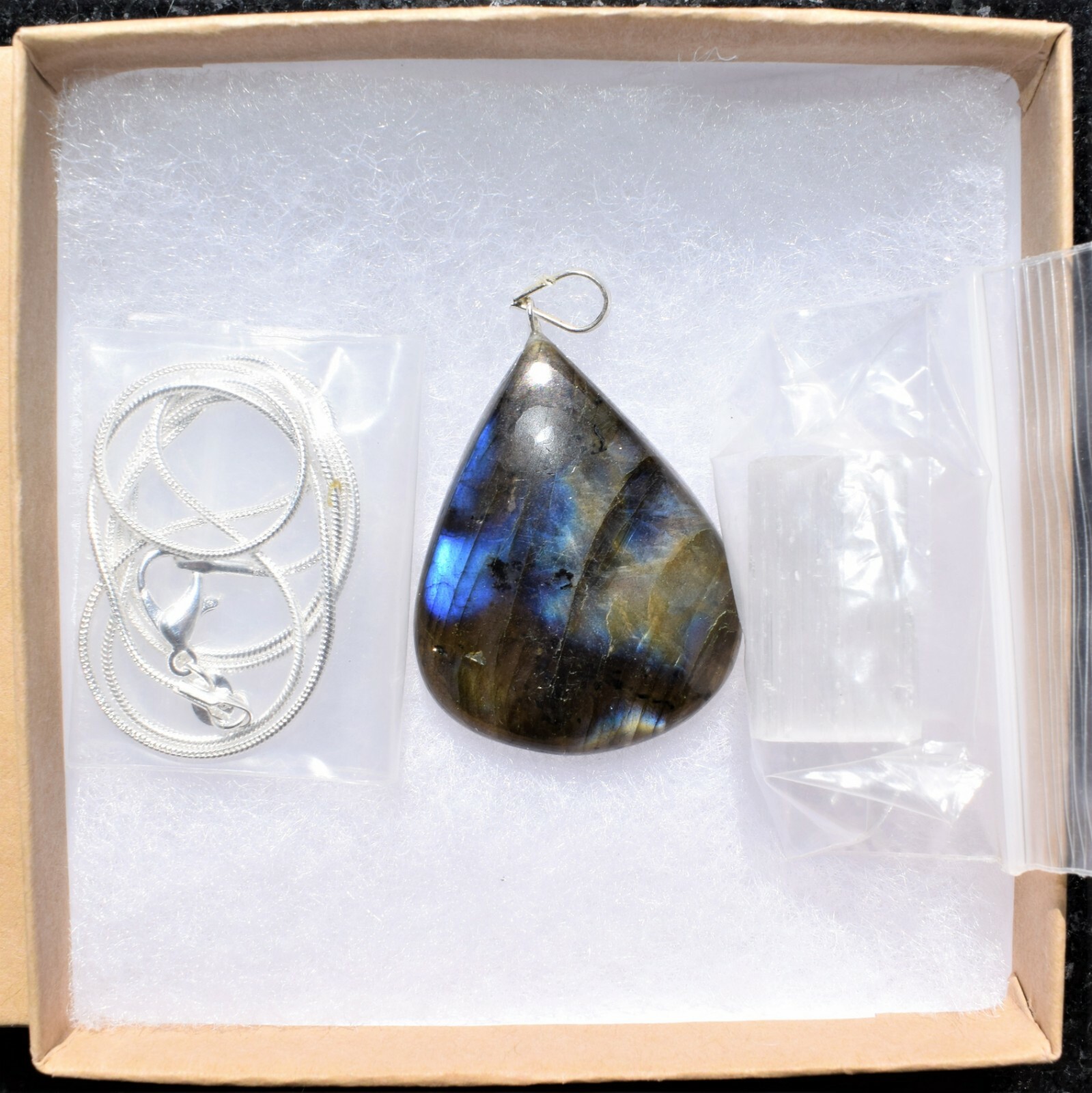 CHARGED AAA Labradorite Teardrop Pendant + 20″ Stainless Steel Chain & Charger