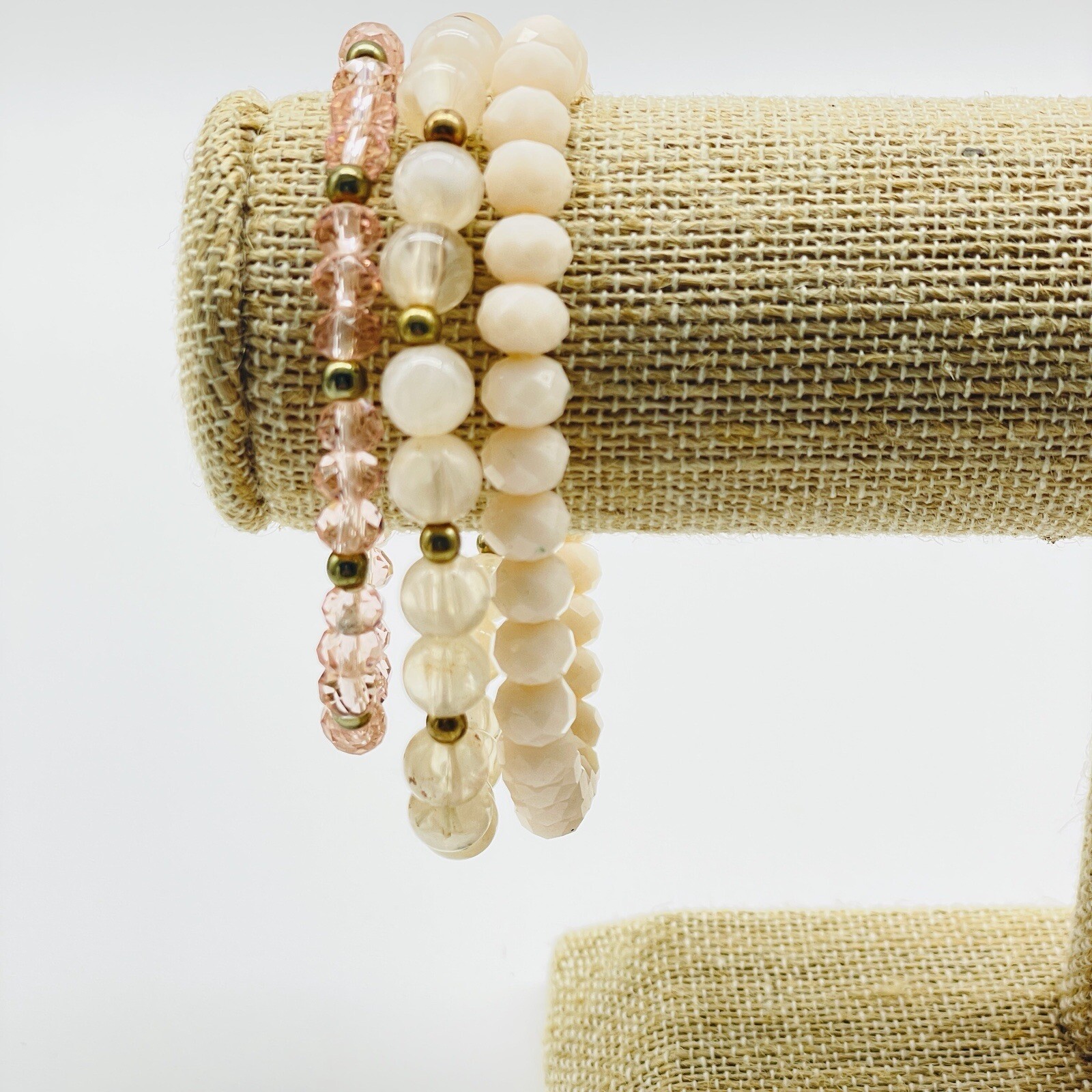 Stretch Bead Bracelets Lot of 3 Cream Pink Gold Tone Stackable