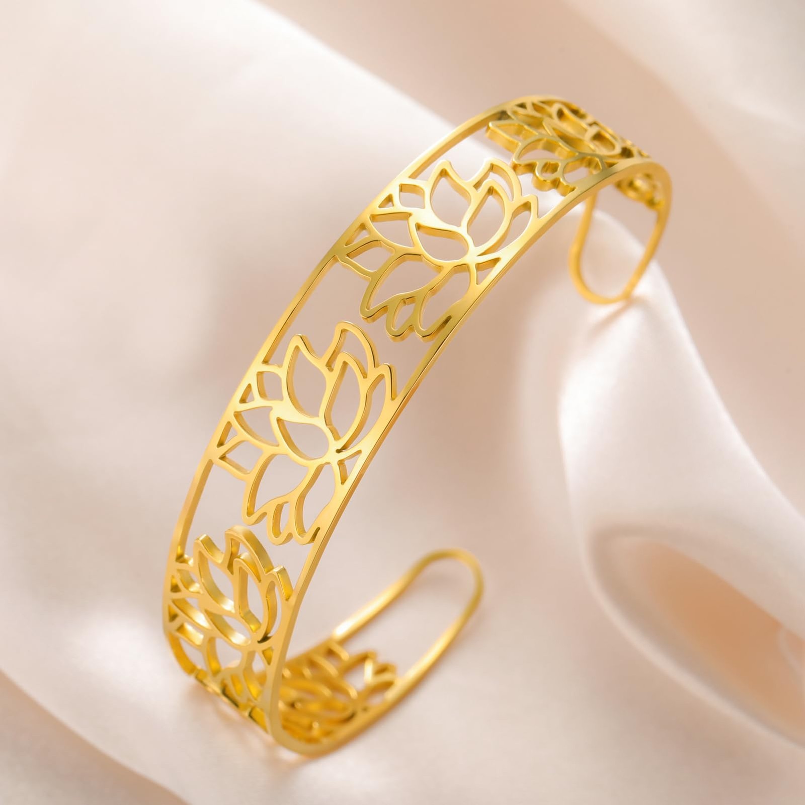 Dreamtimes Lotus Open Cuff Bangle Bracelet Stainless Steel lotus bracelet