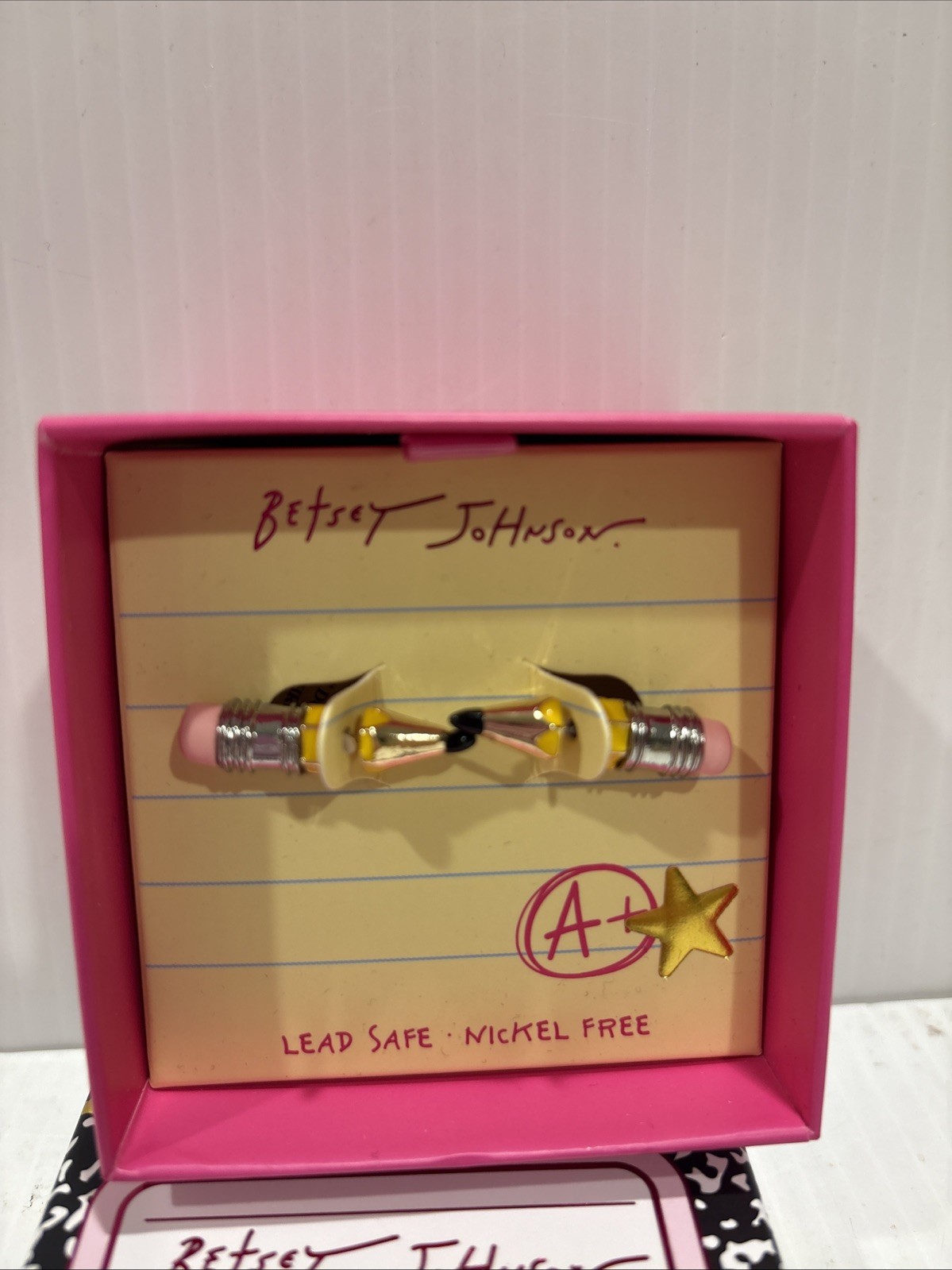 Betsey Johnson Silver Tone & Yellow Enamel Pencil Front Back Stud Earrings NWT