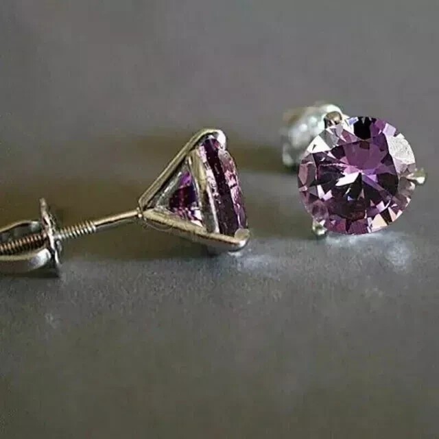 2Ct Round Cut Amethyst Solitaire Screw Back Stud Earrings 14K White Gold Plated
