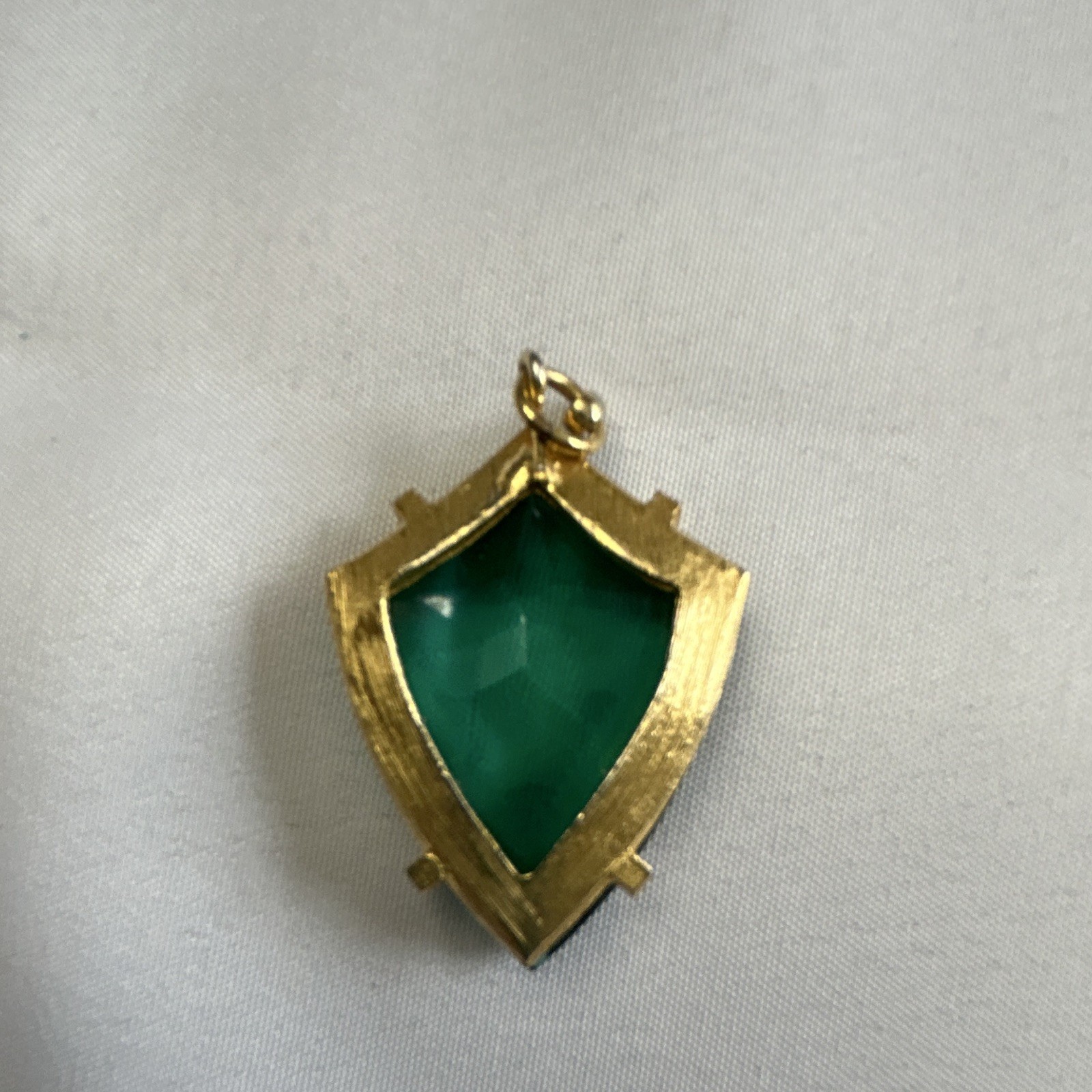 Shield Charm Pendant Green Crystal Prong-Set Gold Tone Metal Setting